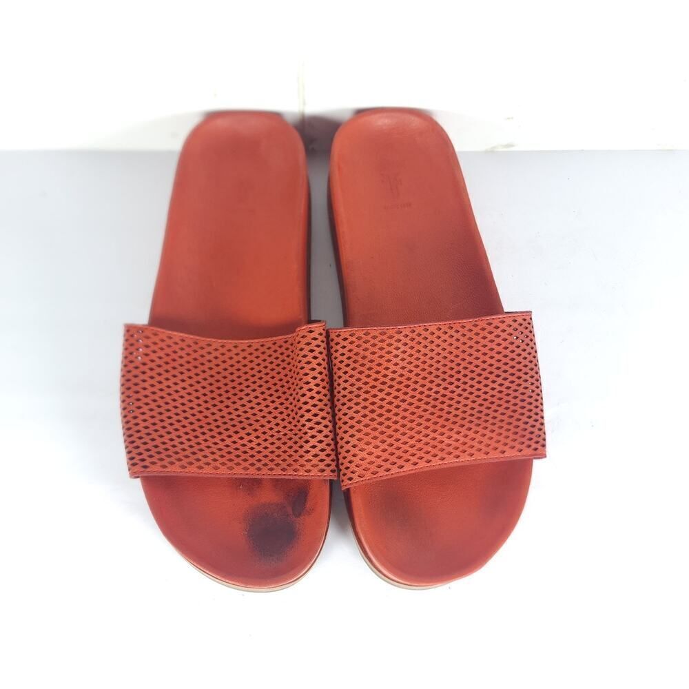Frye Women's Lily US8,5? Orange Leather Perforated Flat Slide Sandals Shoes - Picture 4 of 16